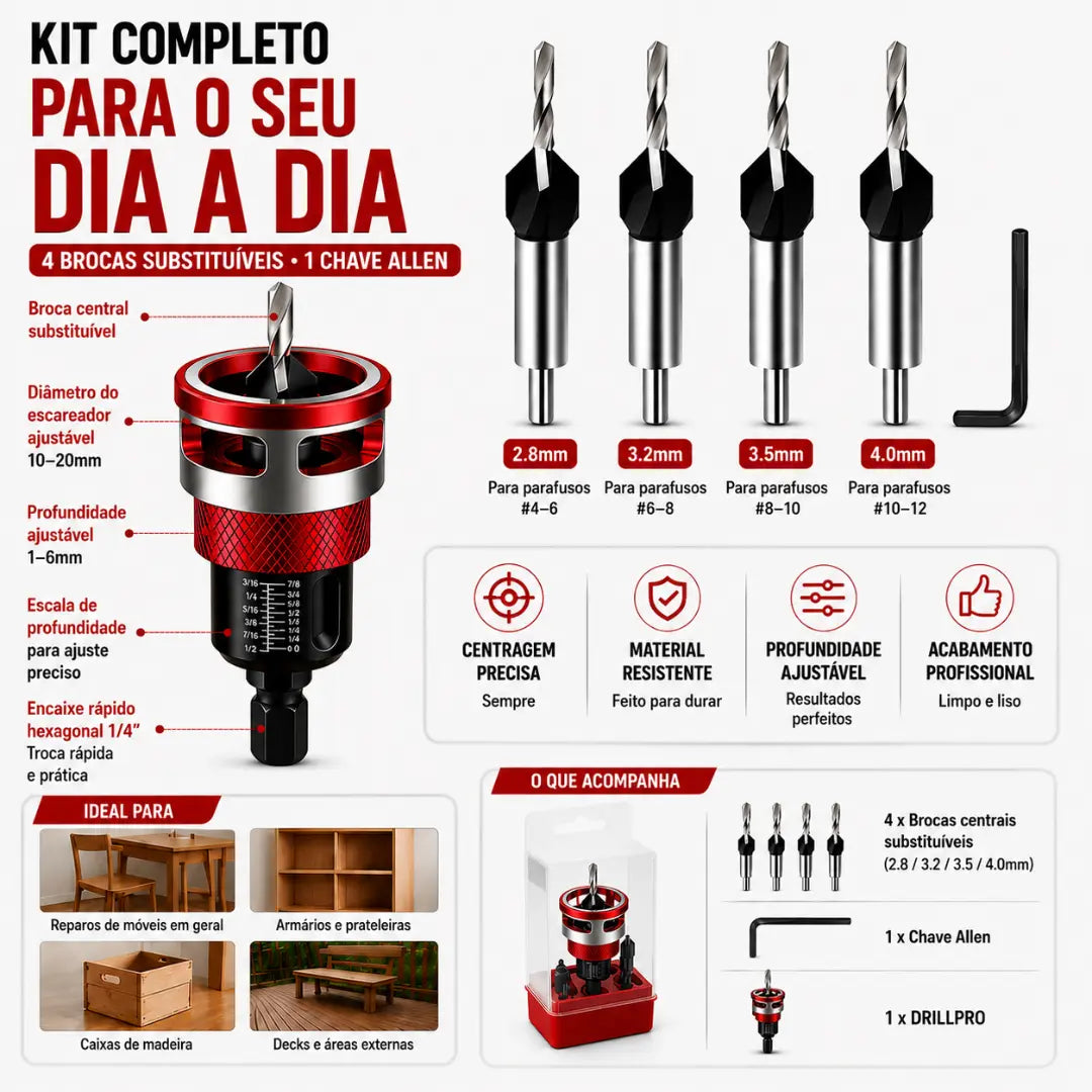 DRILLPRO® - Kit de Brocas Escareadoras de Precisão [50% OFF]